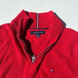 Tommy Hilfiger Men's Red Zip-Up Knit Sweater with Flag Detail